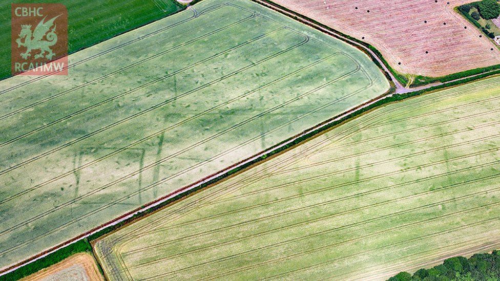 Extensive crop marks of Trewen Roman farmstead or villa, Caerwent, Monmouthshire