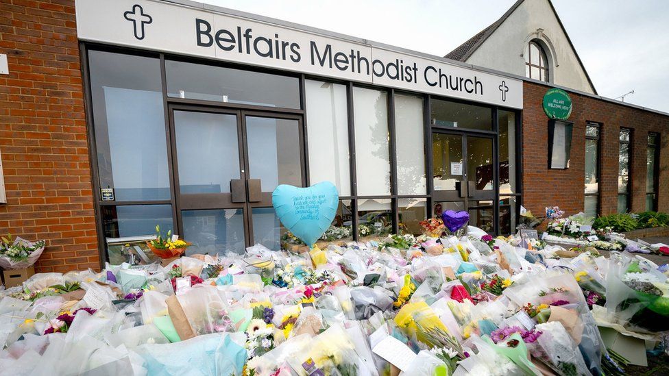 Flowers and tributes at the scene near Belfairs Methodist Church