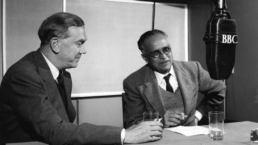 Authors Graham Greene and R.K Narayan. 'Asia and the West', a weekly discussion broadcast in 'London Calling Asia' the BBC programme in English for South, South East Asia and the Far East. In this edition novelists Graham Greene and R.K. Narayan discuss 'Aspects of the Novel', 1957