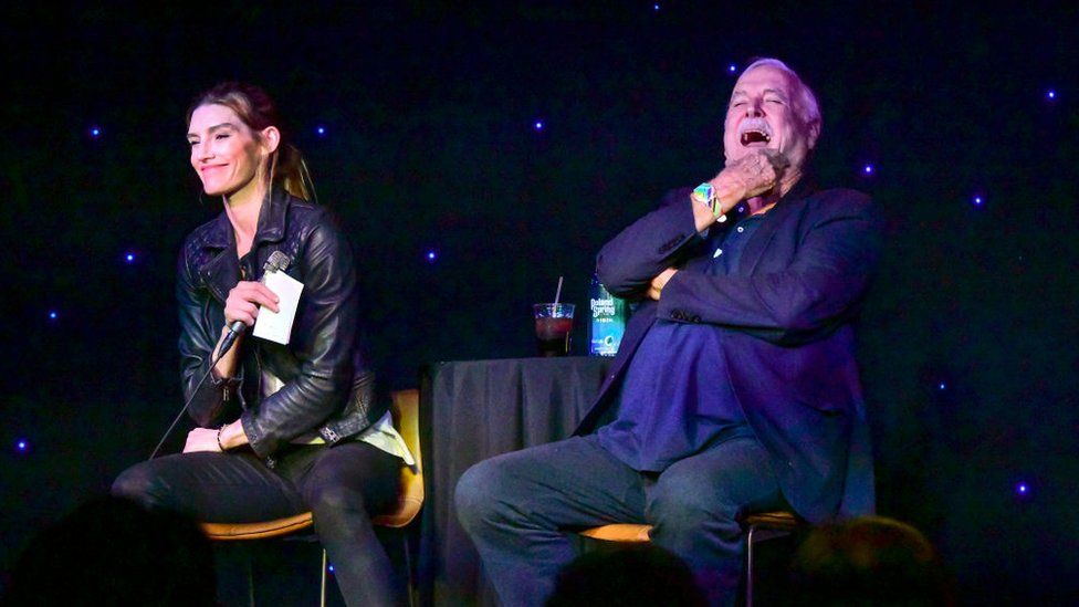 Camilla Cleese and John Cleese speak onstage at 'Comedy with the Cleeses' in 2022