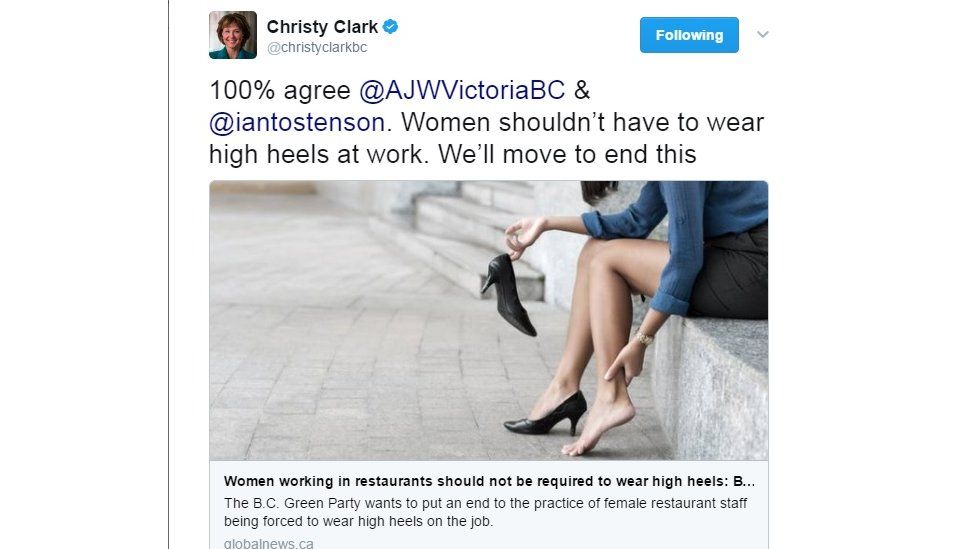 BC Premier Christy Clark tweeted her support for the end of high heel requirements
