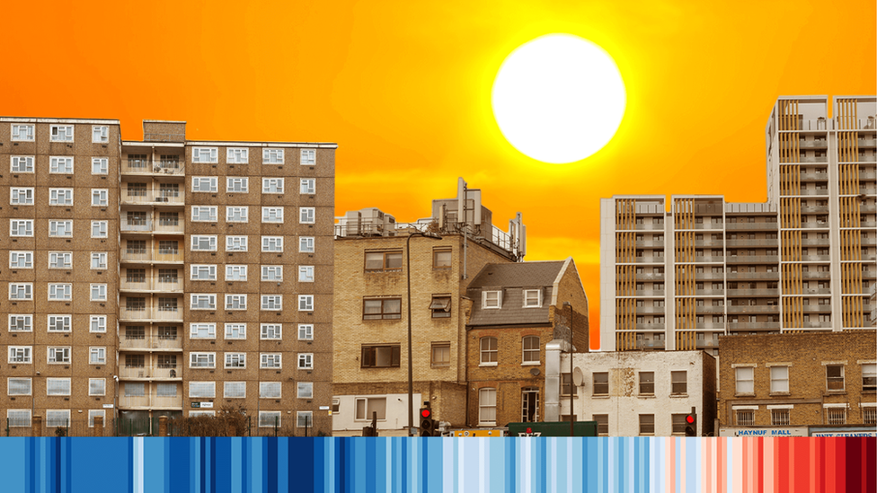 A street with lots of high rise buildings with a strong orange sun in the background