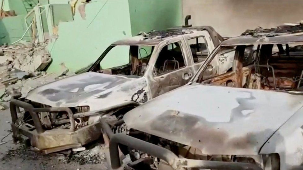 Destroyed security vehicles in Ghazni City, Afghanistan are seen in this still image taken from a video by Ariana News on August 13, 2018.