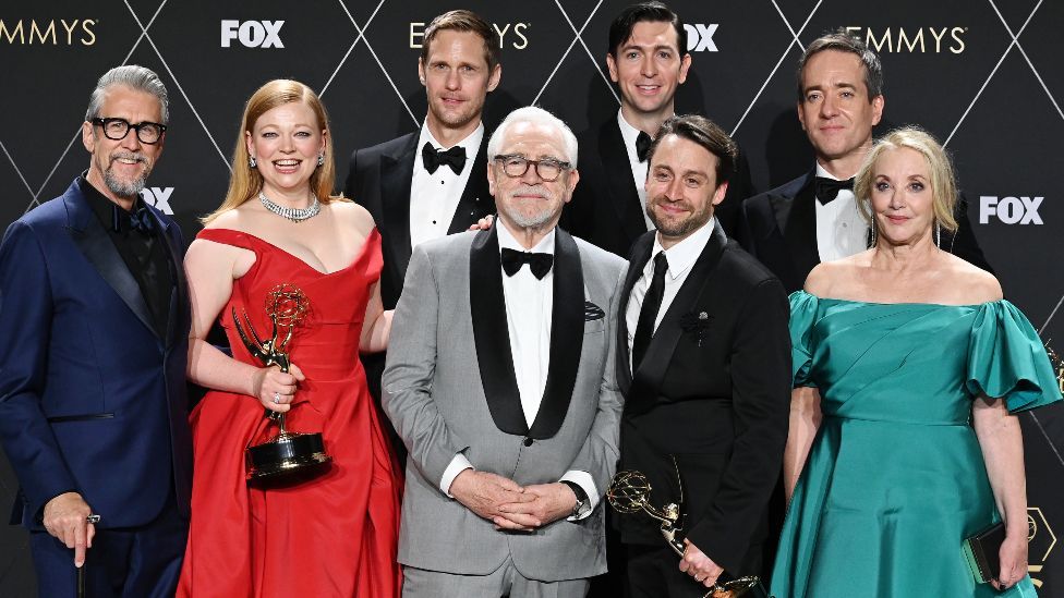 Alan Ruck, Sarah Snook, Alexander Skarsgård, Brian Cox, Nicholas Braun, Kieran Culkin, Matthew Macfadyen, and J. Smith-Cameron, winners of Best Drama Series for "Succession," pose in the press room at the 75th Primetime Emmy Awards held at the Peacock Theater on January 15, 2024 in Los Angeles, California