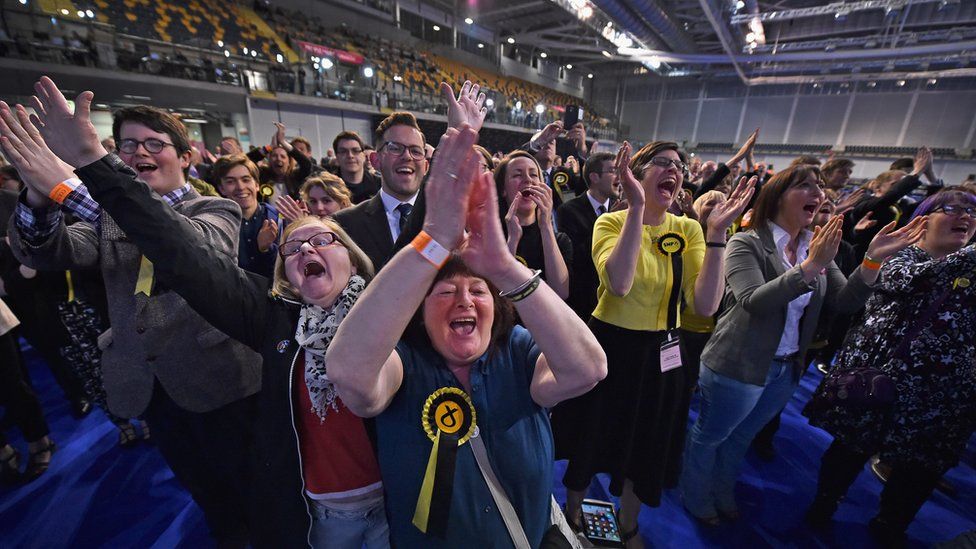 SNP supporters celebrate their successes in the Scottish Parliament elections at the Emirates Arena on May 6, 2016 in Glasgow.