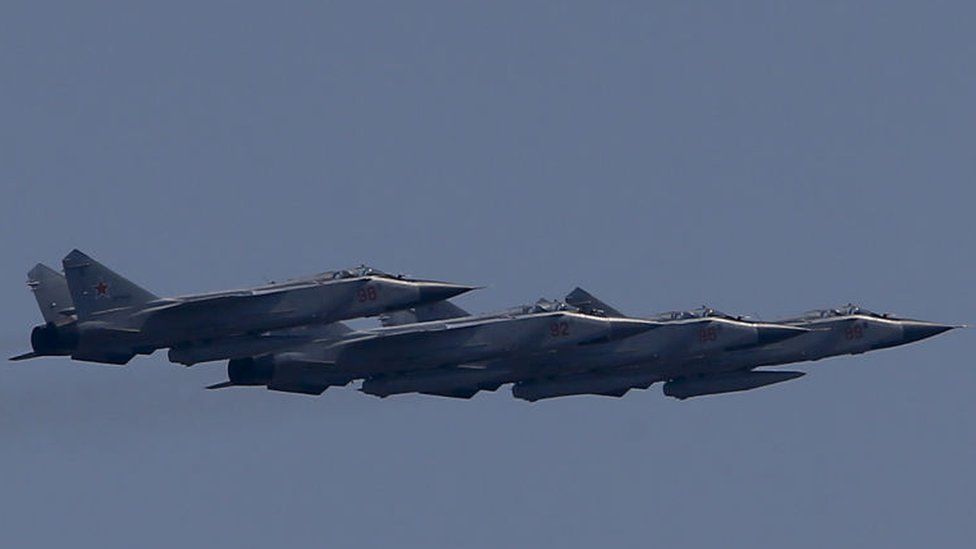 Four MIG-31 jets flying in formation