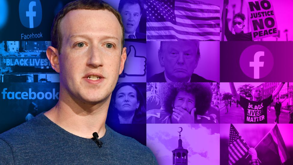 Mark Zuckerberg stands in front of a collage of images of newsworthy controversies or the people n them