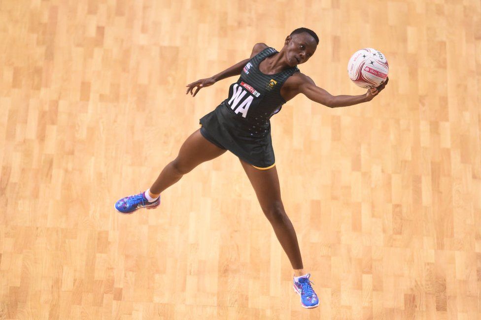 Phumza Maweni of South Africa in action during the Vitality Netball International Series match between South Africa and Australian Diamonds, as part of the Netball Quad Series at Echo Arena on January 13, 2019 in Liverpool, England.