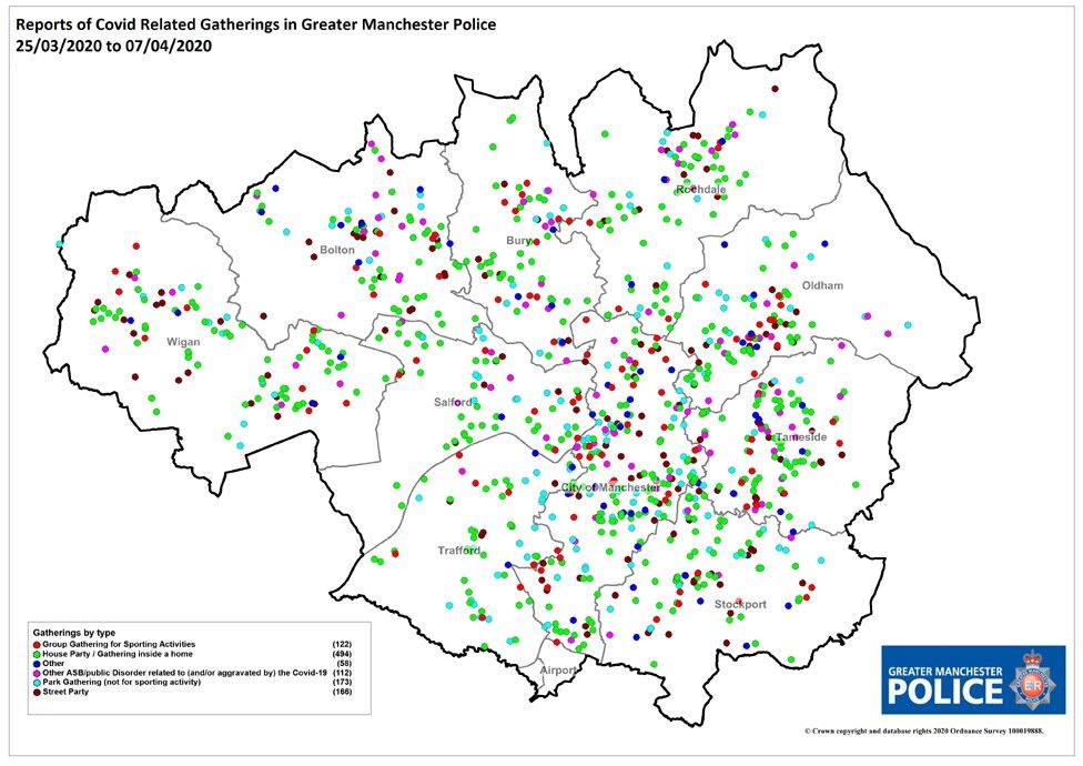 carte de Manchester regroupant les points de rassemblements interdits durant le confinement. 