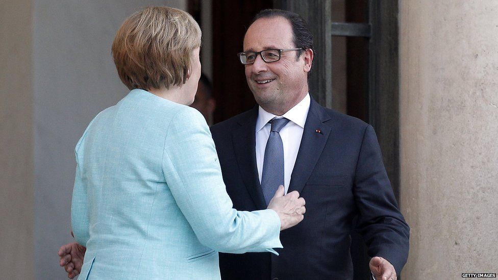 French President Francois Hollande accompanies German Chancellor Angela Merkel after their meeting at the Elysee Palace in Paris on Monday