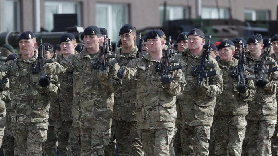 British soldiers during the official ceremony welcoming the deployment of a multi-national Nato battalion in Tapa, Estonia, on 20 April
