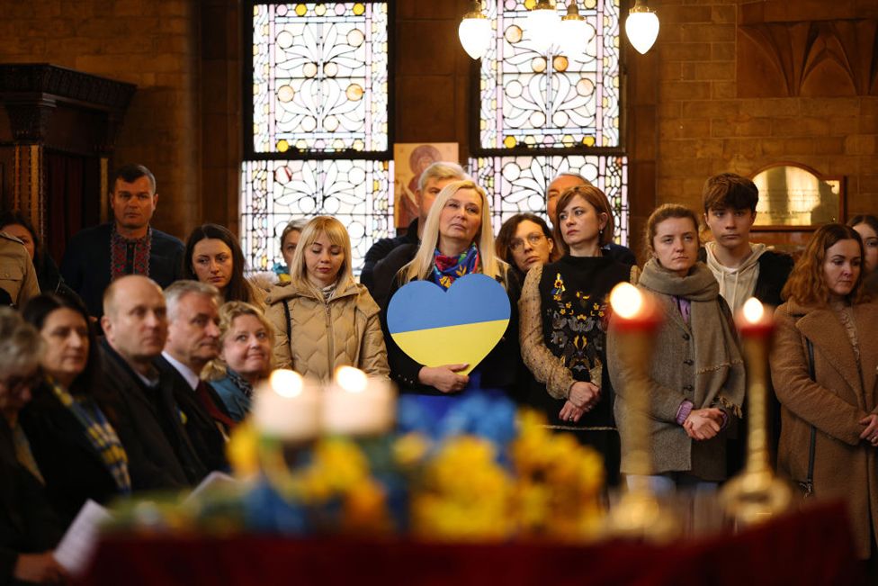 People attend a Prayer Service at the Ukrainian Catholic Cathedral to mark 2 years since the beginning of the Russian invasion of Ukraine on February 24, 2024 in London, United Kingdom.