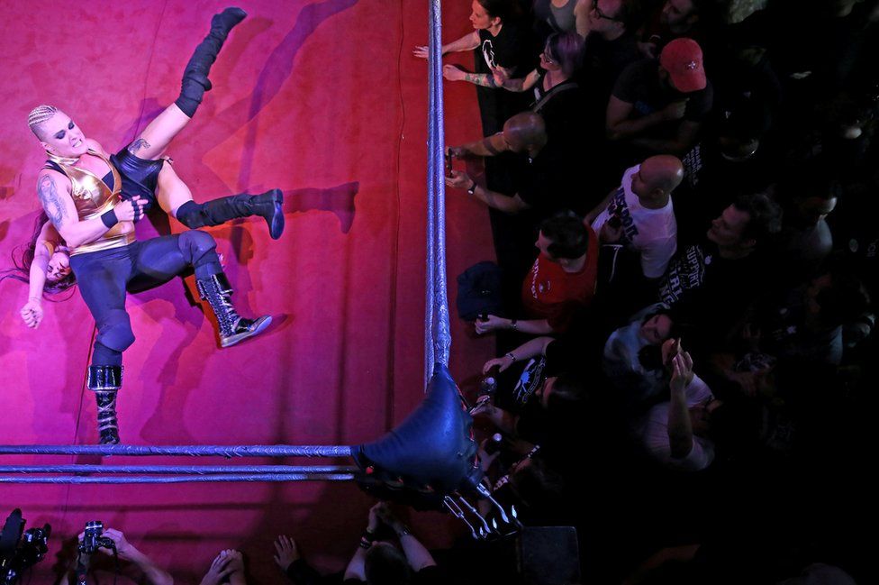 Wrestlers perform at an all female wrestling event in London
