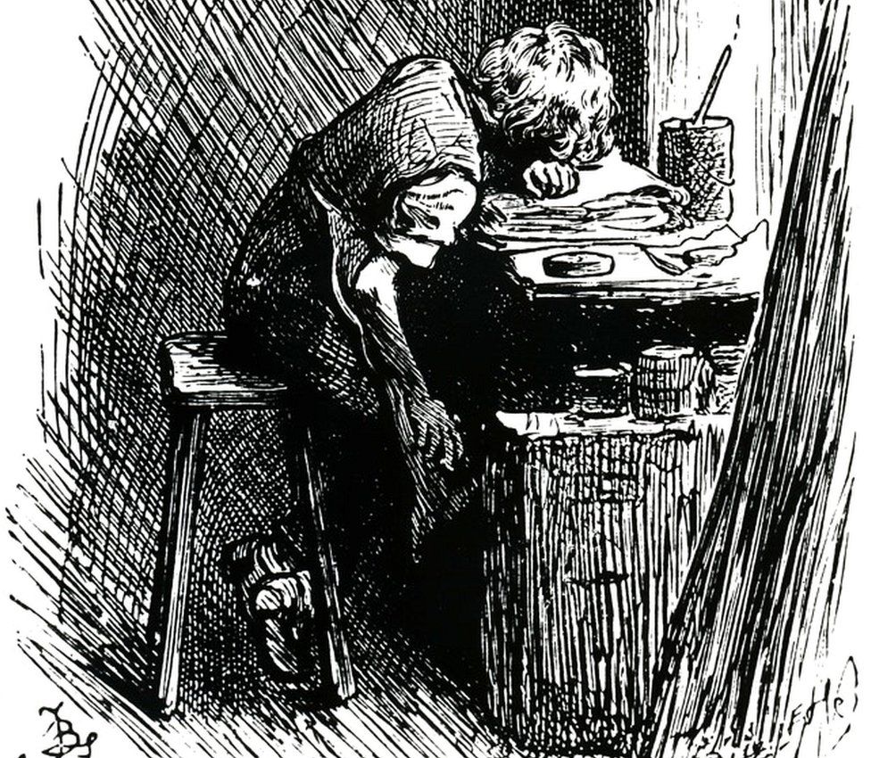 Illustration of Charles Dickens working at Warren's blacking factory from The Leisure Hour magazine