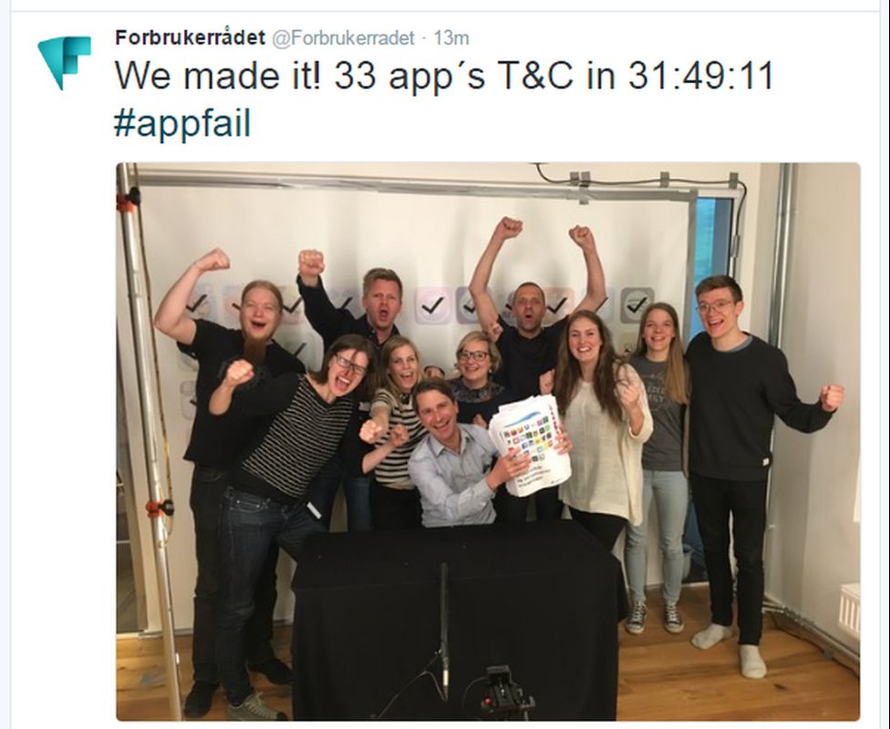 A tweet reads: "We made it! 33 app´s T&C in 31:49:11 #appfail"