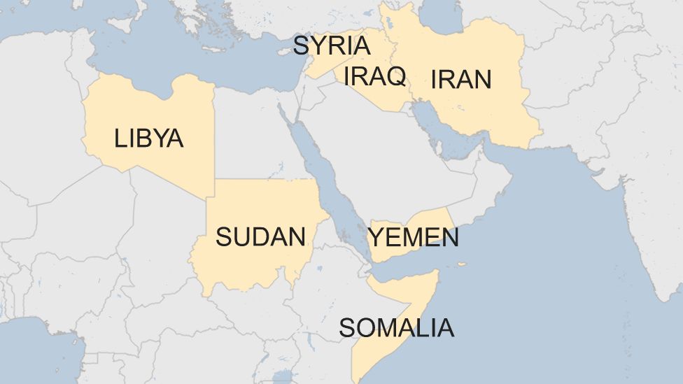 Map with countries with a US travel ban: Iraq, Syria, Iran, Libya, Somalia, Sudan, and Yemen