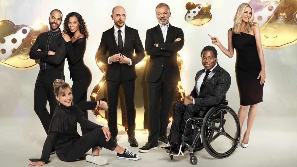 Children in Need hosts Marvin and Rochelle Humes, Mel Giedroyc, Tom Allen, Graham Norton, Ade Adepitan and Tess Daly