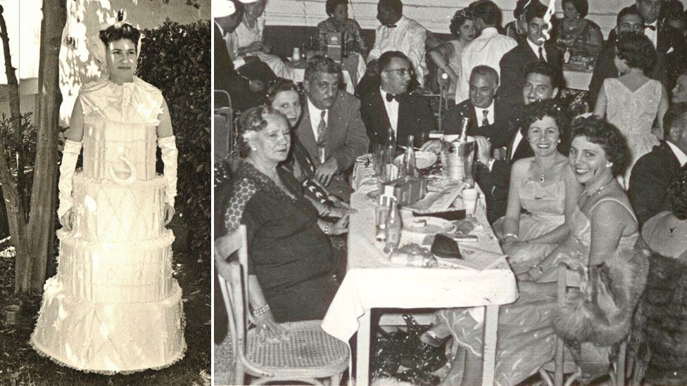 A picture of a woman in wedding-cake fancy dress and a party night