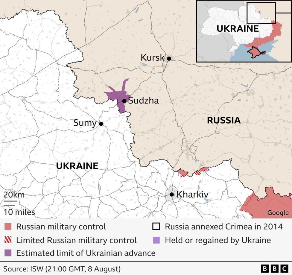 A graphic showing the Kursk region in relation to Ukraine