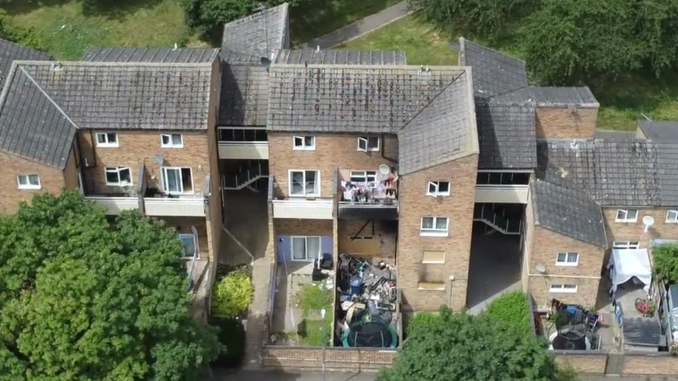 An aerial shot of a house in Cambridge in the aftermath of the fire