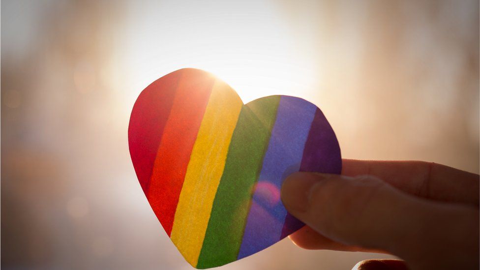 hand holds a heart painted like a LGBT flag, silhouetted against sun