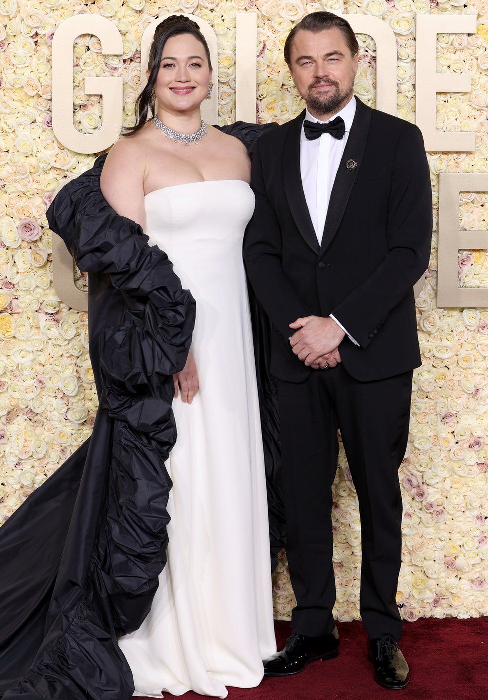 Lily Gladstone and Leonardo DiCaprio attend the 81st Annual Golden Globe Awards at The Beverly Hilton on January 07, 2024 in Beverly Hills, California. (Photo by Amy Sussman/Getty Images)