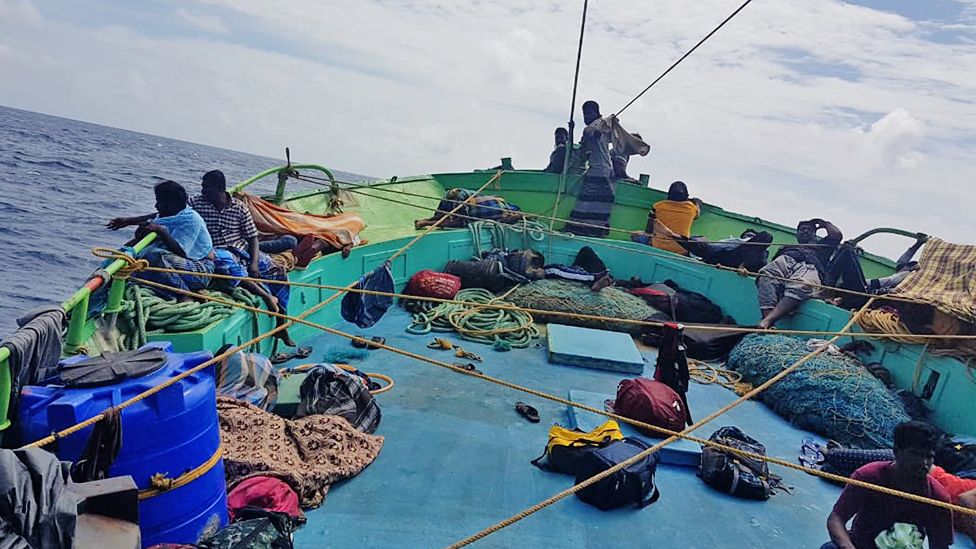 Migrants fleeing Sri Lanka pictured on the deck of the Marayan, a 50 ft fishing boat