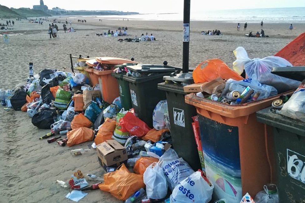 Rubbish piled up beside bins on Longsands beach, Tynemouth