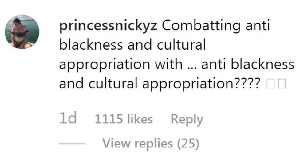 An instagram post. It reads: "Combatting anti blackness and cultural appropriation with anti blackness and cultural appropriation???"