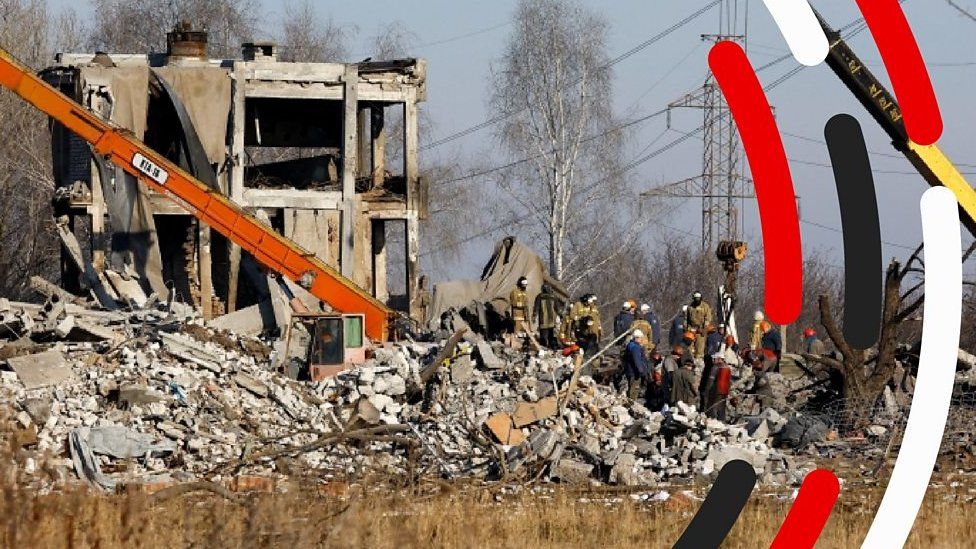 Debris of a destroyed building in Ukrainian attack on Makiivka
