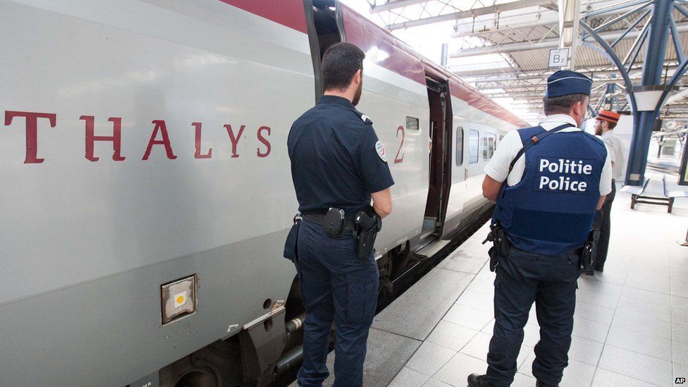Belgian and French police next to Thalys train at Brussels. 22 Aug 2015