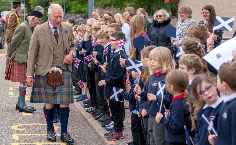 King Charles meets school children during a visit to the Discovery Centre and Auld School Close in Tomintoul