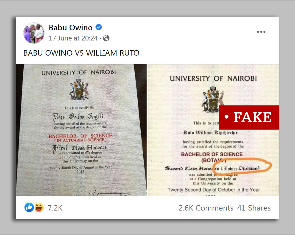 Скриншот сообщения в Facebook с поддельным сертификатом Ruto, опубликованным депутатом Бабу Овино