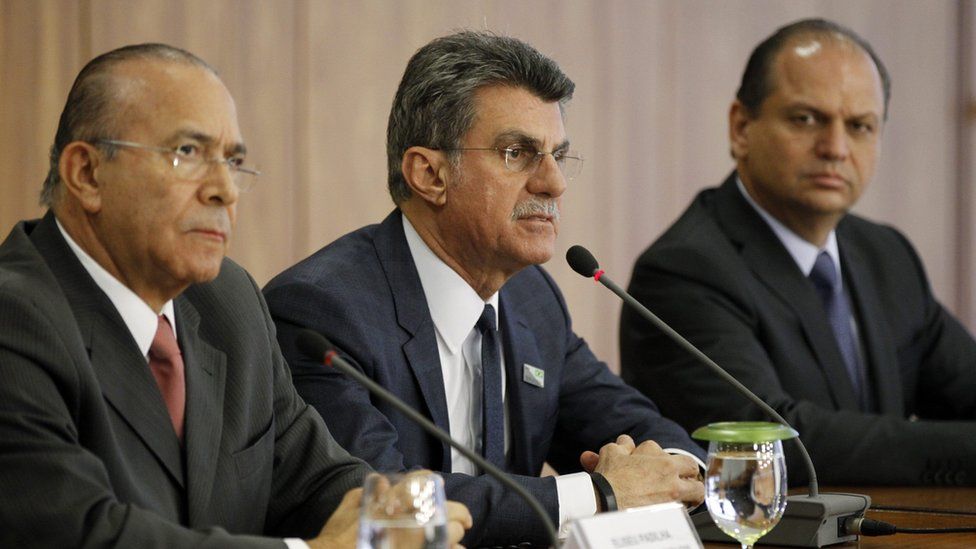 (L-R) New Brazilian Chief of Staff Eliseu Padilha, Brazilian Planinng Minister Romero Juca and Health Minister Ricardo Barros speak during a press conference in Planalto Palace, Brasilia, 13 May