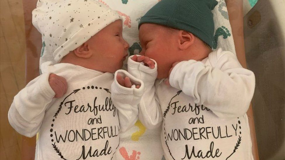 Image shows the newborn twins Lydia Ann and Timothy Ronald Ridgeway