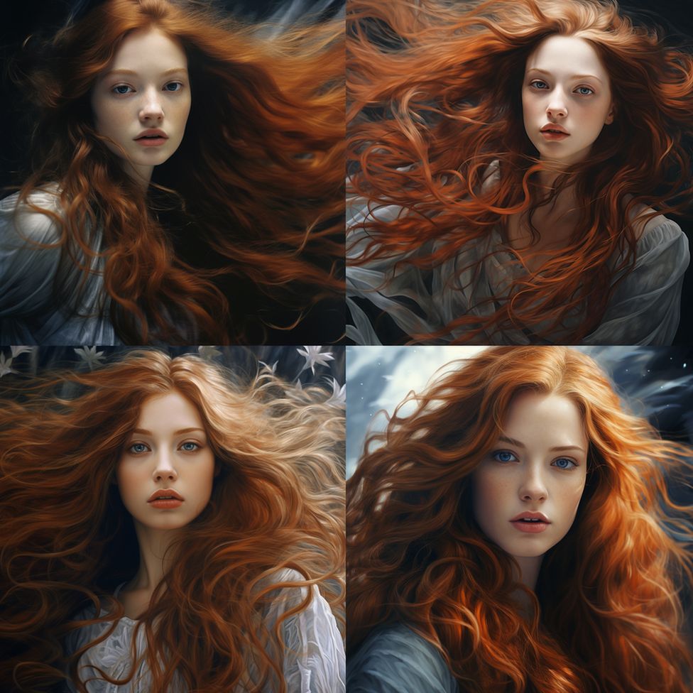 AI generated image of a woman with long flowing red hair