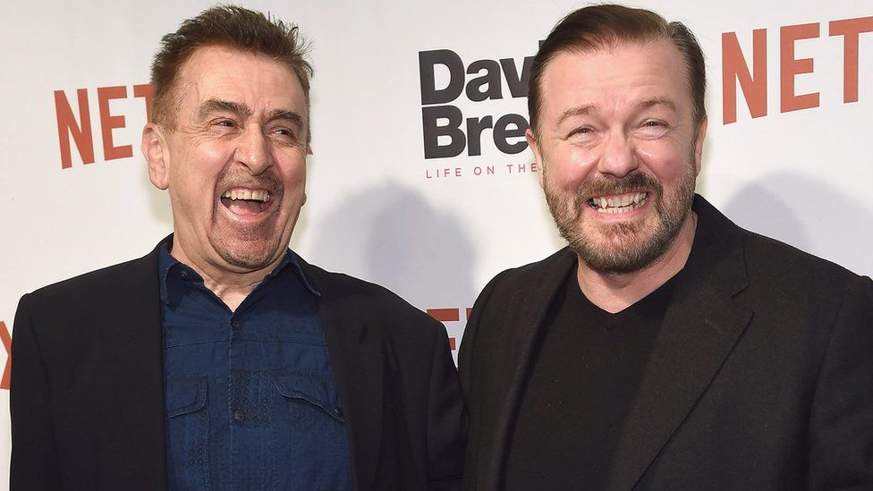 Charlie Hanson (L) and Ricky Gervais attend David Brent: Life on the Road New York screening in February 2017, another project the producer worked on