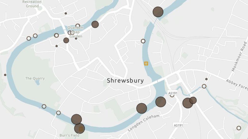 The Rivers Trust's interactive map showing discharges from monitored CSOs (brown) and the locations of CSOs which are not monitored (white) in Shrewsbury.