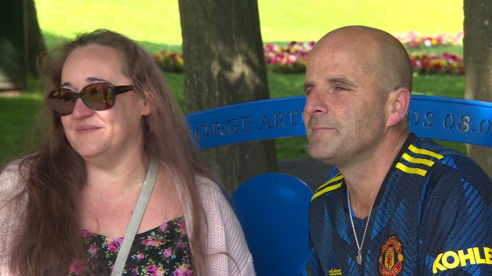 Vicky Studholme and George Hinds on memorial bench