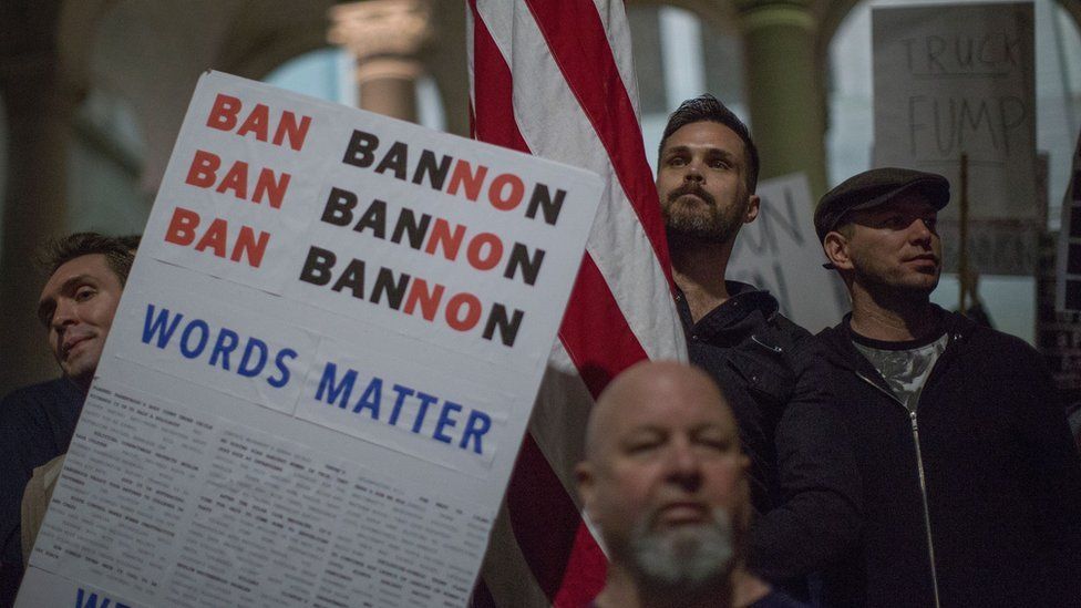 Protests at Steve Bannon, President Trump's chief strategist