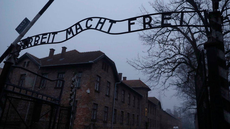 The "Arbeit Macht Frei" gate at the former Nazi German concentration and extermination camp Auschwitz