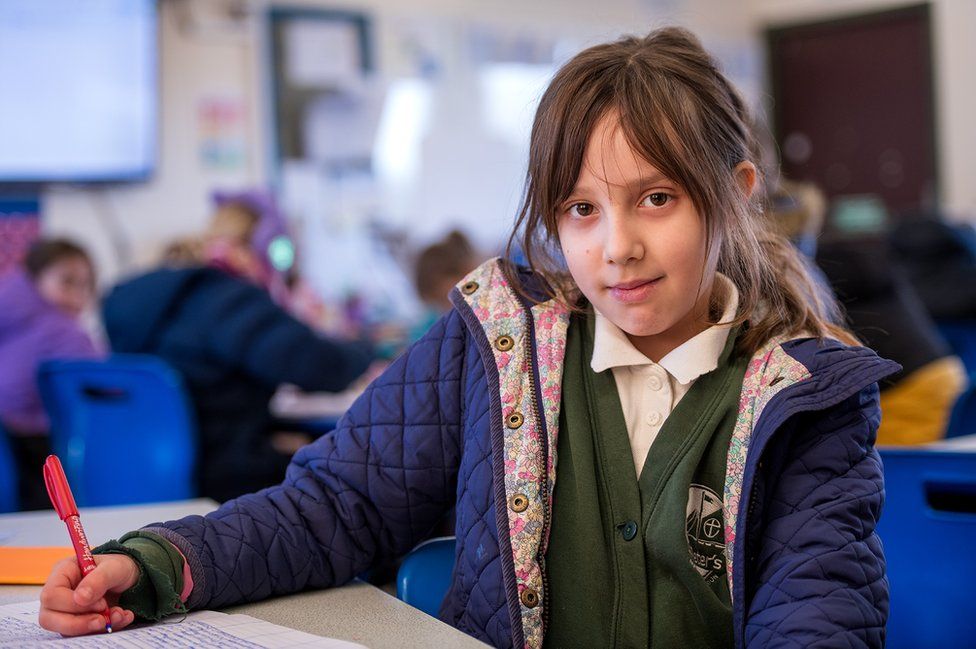 Hettie, 10, in her classroom at St Peter's School.