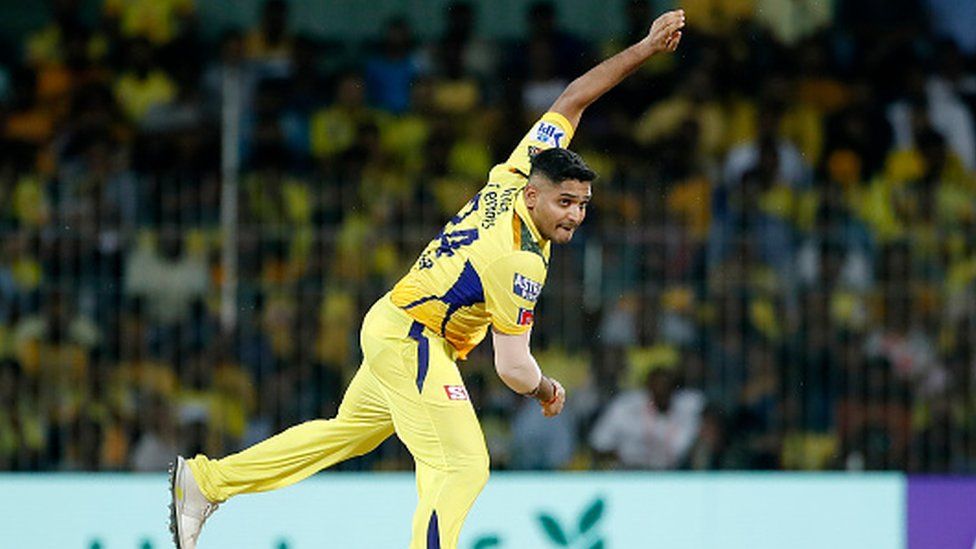 Tushar Deshpande bowls during the IPL Qualifier match between Gujarat Titans and Chennai Super Kings on May 23 in Chennai
