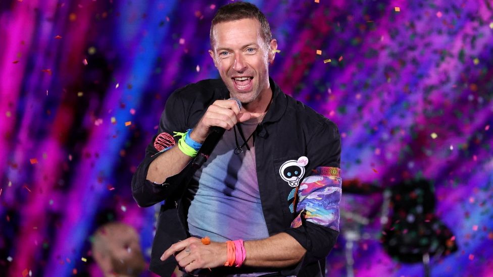 Singer Chris Martin of the band Coldplay performs at Rose Bowl Stadium in Pasadena, California, U.S., September 30, 2023.