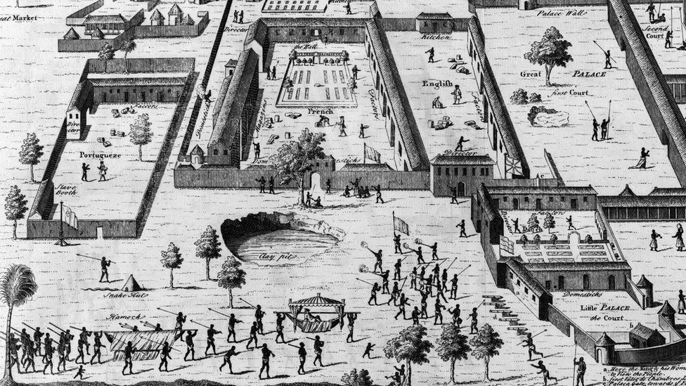 Slave factories, or compounds, maintained by traders from four European nations on the Gulf of Guinea in what is now Nigeria. 1746 engraving by Nathaniel par