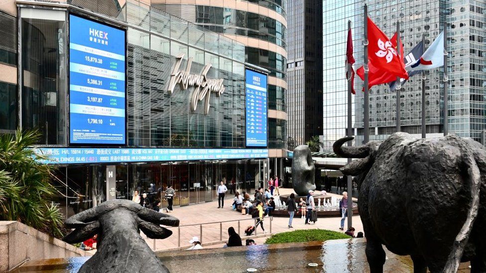 Bull statues are seen on the Exchange Square complex, which houses the Hong Kong Stock Exchange