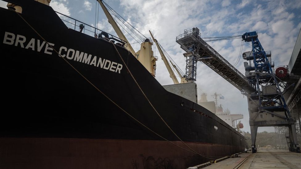 The cargo ship Brave Commander fills with grain in a Ukrainian port. It is taking 23,000 tonnes of grain to Ethiopia