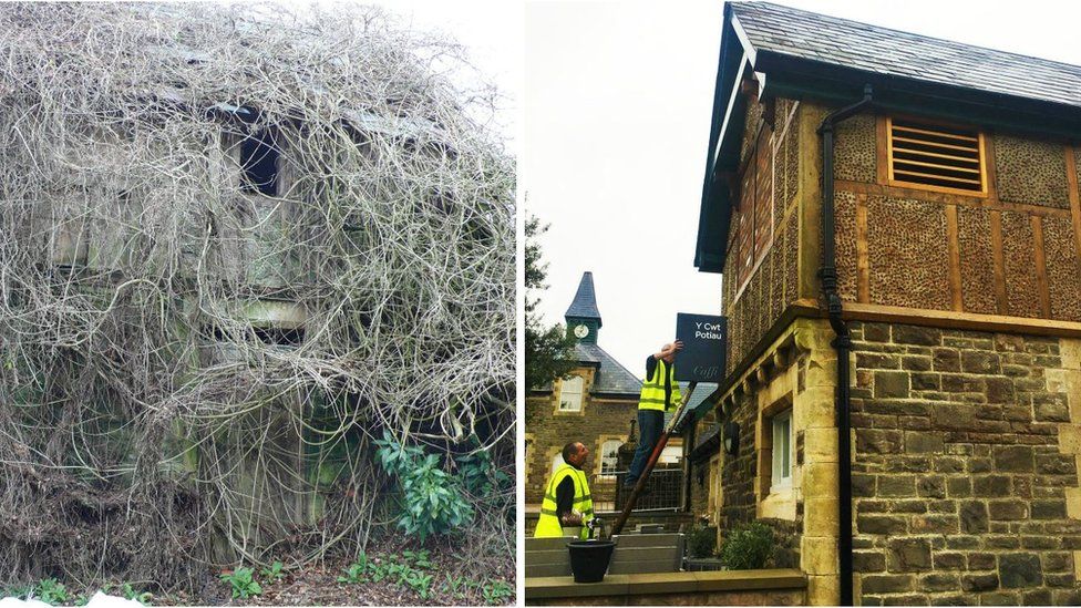 before and after shot of refurbished potting shed which has been converted into a cafe