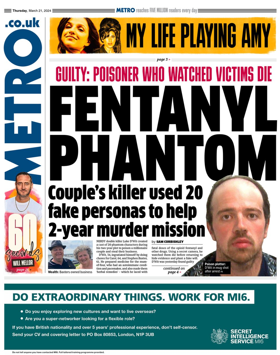 Front page of the Metro