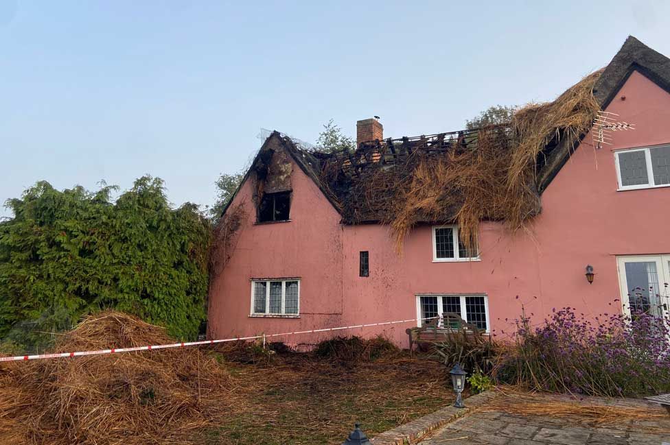 Thatched roof fire in Glemsford, Suffolk